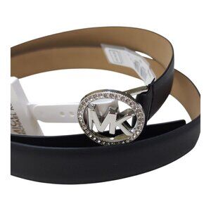 Michael Kors XL Black Genuine Leather Belt With Rhinestone MK Logo Buckle 45" Lo